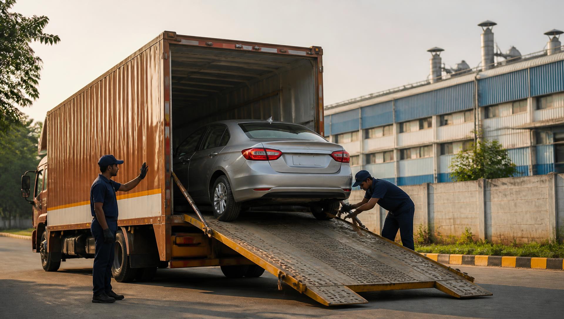 Professional Mukesh Car Career team carefully loading a vehicle onto a covered carrier in Gurgaon